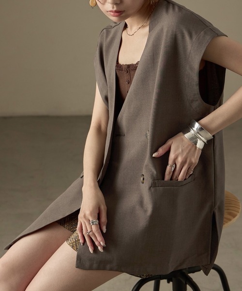 Fashion Letter（ファッションレター）の「SET UP可能 フレンチスリーブ ビンテージワッシャー サマージャケット（テーラードジャケット・レディース・モカ/アイボリー/ブラック・M）」の18枚目の写真