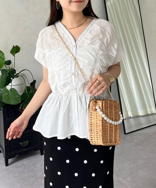 セール】パールボタンシャーリングペプラムブラウス（シャツ/ブラウス