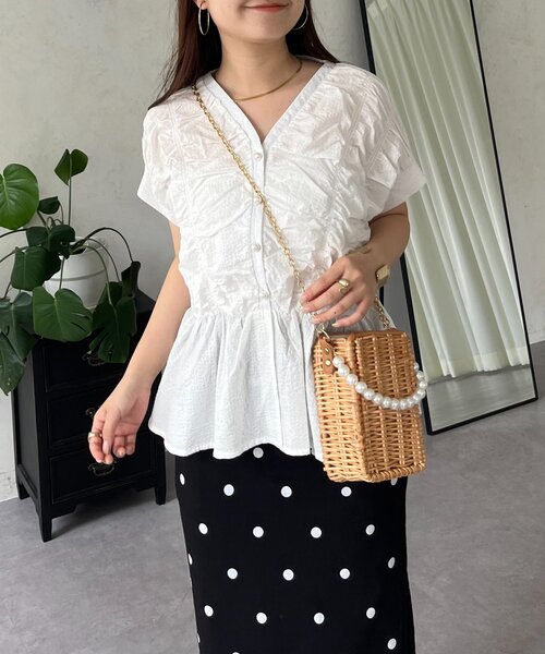 新品未使用 プロズヴェール♡パールボタンシャーリングペプラムブラウス M パールボタンシャーリングペプラムブラウス(シャツ/ブラウス