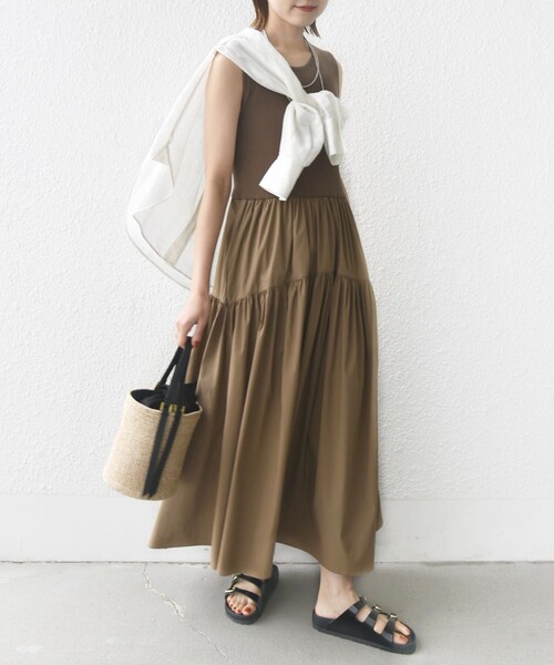 美品 シップス コットンリブノースリーブ × 布帛スカートワンピース　24SS SHIPS（シップス）の「〈手洗い可能〉コットン リブ ノースリ x