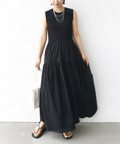 美品 シップス コットンリブノースリーブ × 布帛スカートワンピース　24SS SHIPS（シップス）の「〈手洗い可能〉コットン リブ ノースリ x