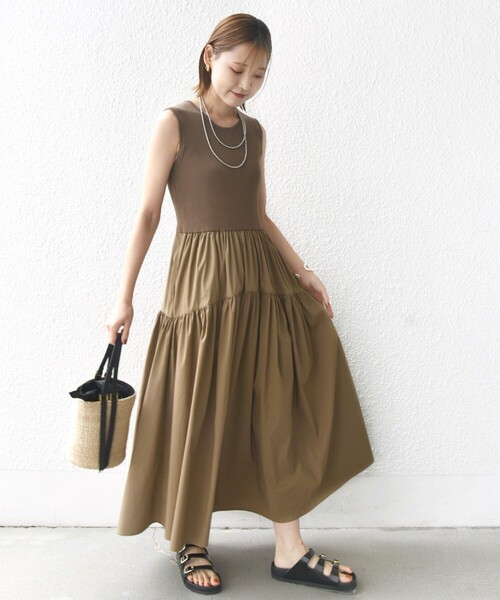 美品 シップス コットンリブノースリーブ × 布帛スカートワンピース　24SS SHIPS（シップス）の「〈手洗い可能〉コットン リブ ノースリ x