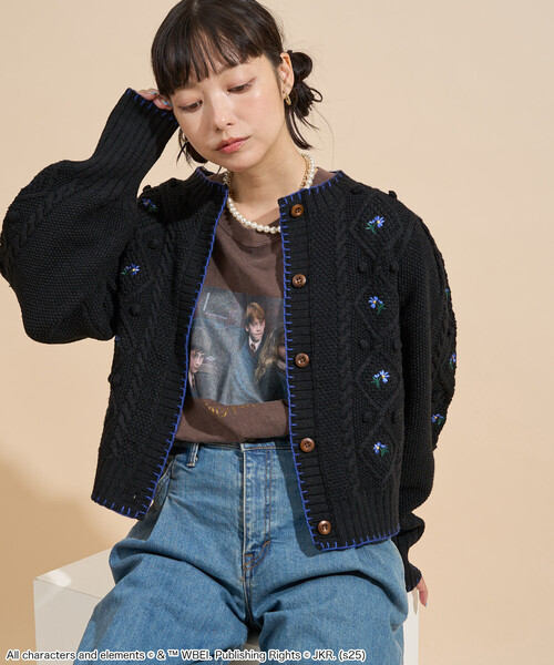 花刺繍 カーディガン / パフスリーブ ニットカーディガン