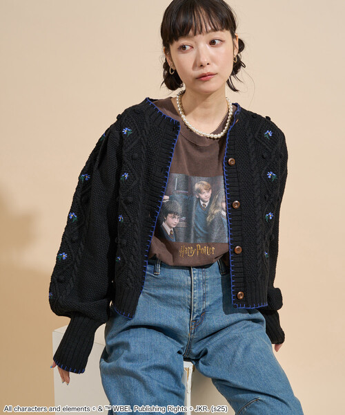 花刺繍 カーディガン / パフスリーブ ニットカーディガン