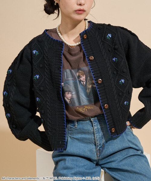 花刺繍 カーディガン / パフスリーブ ニットカーディガン