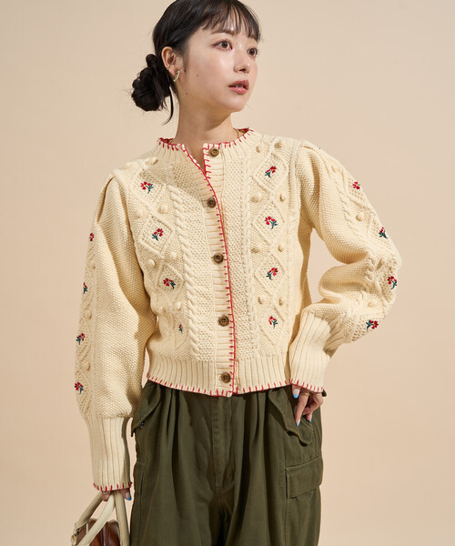 花刺繍 カーディガン / パフスリーブ ニットカーディガン