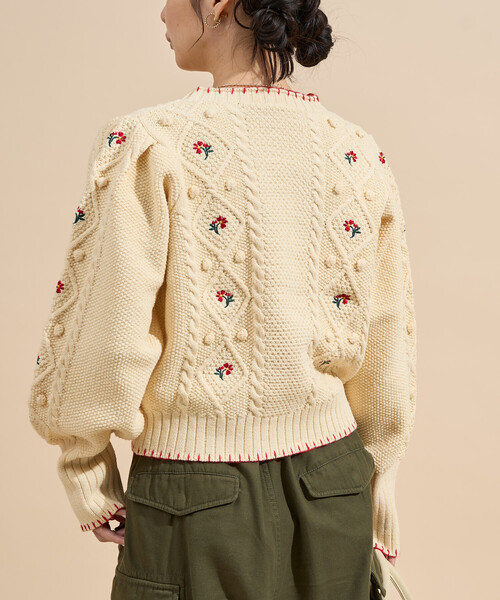 セール】花刺繍 カーディガン / パフスリーブ ニットカーディガン