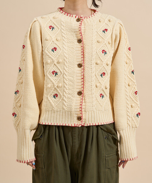 花刺繍 カーディガン / パフスリーブ ニットカーディガン
