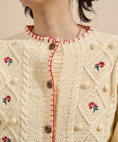 英国製 ウールニットカーディガン パフスリーブ お花刺繍 ビジュー レトロ L 英国製 ウールニットカーディガン パフスリーブ お花刺繍 ビジュー