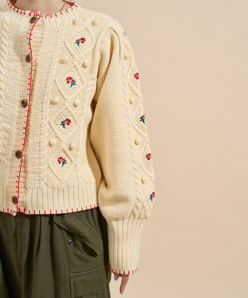 花刺繍 カーディガン / パフスリーブ ニットカーディガン