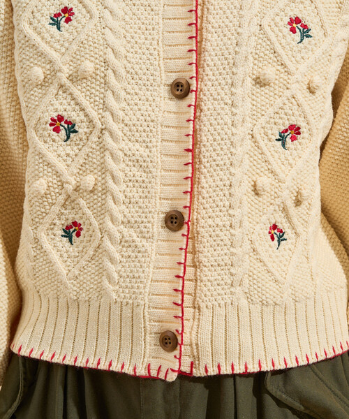 花刺繍 カーディガン / パフスリーブ ニットカーディガン