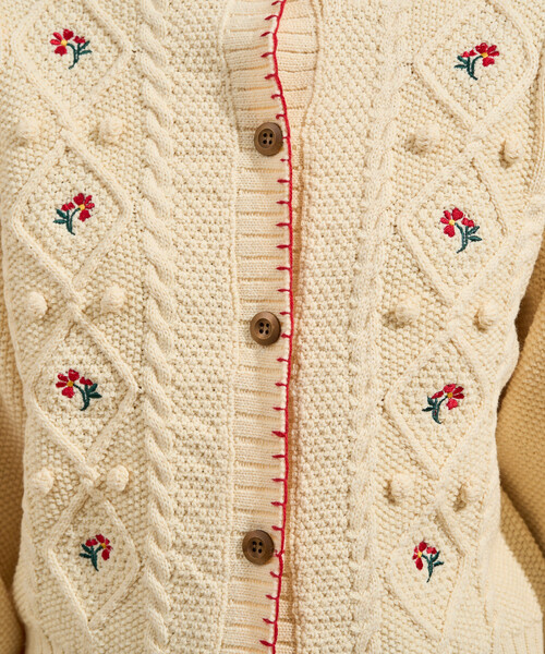 花刺繍 カーディガン / パフスリーブ ニットカーディガン