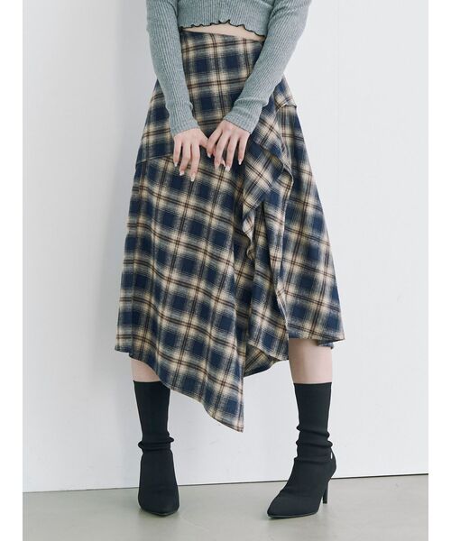 EATME（イートミー）の「チェックドレープスカート（スカート・レディース・ネイビー/グレー/ワイン・FREE）」の3枚目の写真