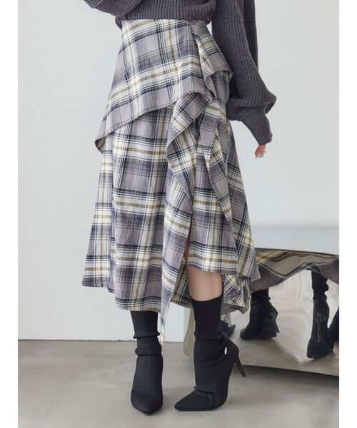 EATME（イートミー）の「チェックドレープスカート（スカート・レディース・ネイビー/グレー/ワイン・FREE）」の2枚目の写真