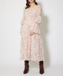レースアップフラワーパターンフレアワンピース 秋服 冬服