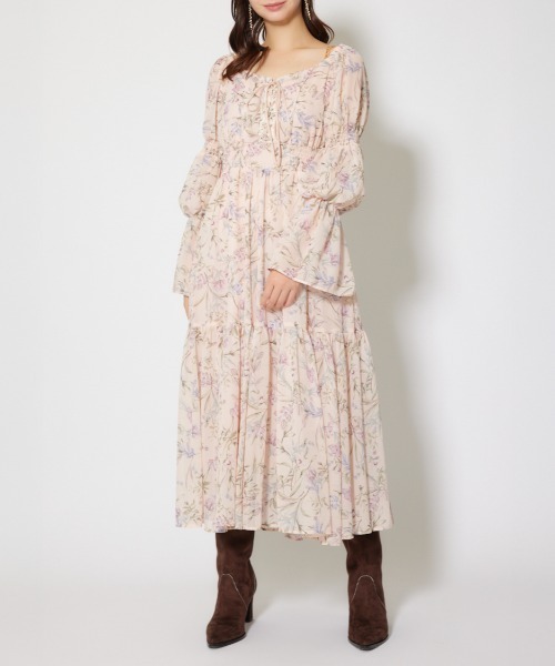 rienda（リエンダ）の「レースアップフラワーパターンフレアワンピース 秋服 冬服（ワンピース・レディース・ライトピンク/ブラウン/ネイビー・FREE）」の3枚目の写真