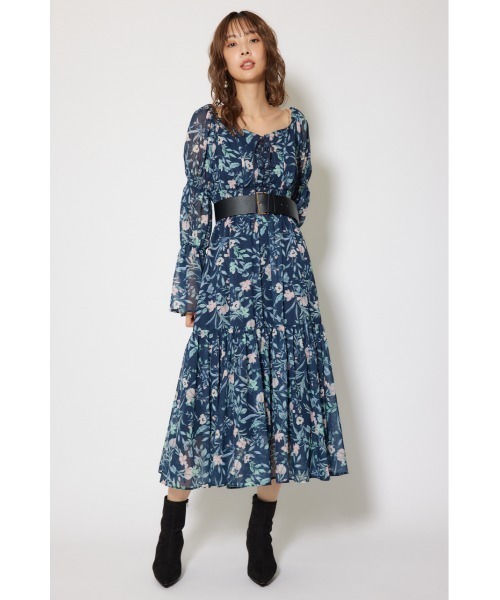 リエンダ（rienda）/レースアップフラワーパターンフレアワンピース セール】レースアップフラワーパターンフレアワンピース 秋服 冬服