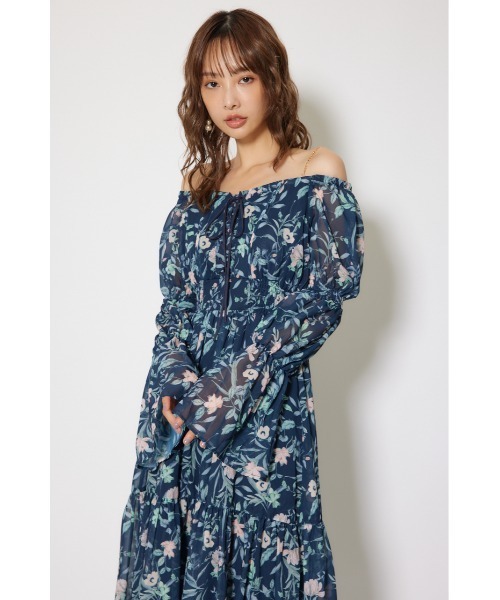 2025AW】レースアップフラワーパターンフレアワンピース 秋服 冬服