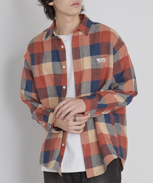 PENNEYS/ペニーズ 別注 THE FOX ロゴ ワンポイント刺繍 オンブレチェック/バッファローチェック オーバーサイズレギュラーカラーネルシャツ