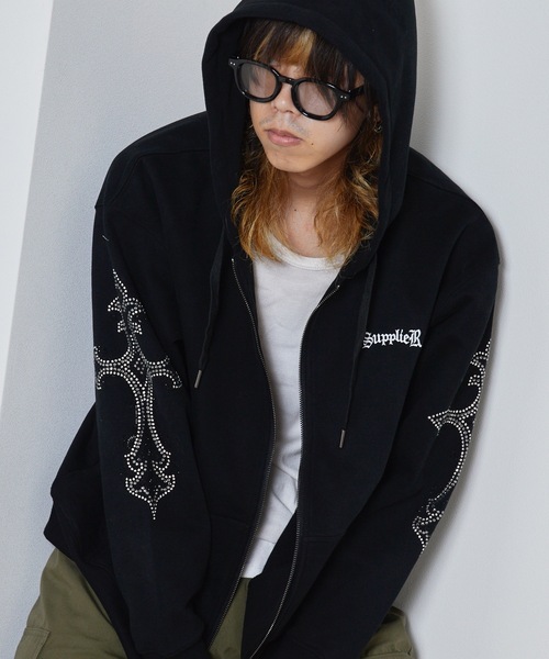 SUPPLIER/サプライヤー Rhinestone Cross Sleeve Zip Hoodie