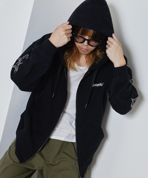 SUPPLIER/サプライヤー Rhinestone Cross Sleeve Zip Hoodie