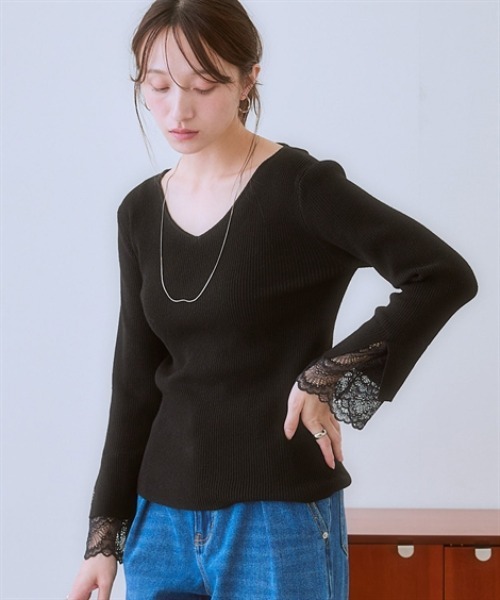 nissen（ニッセン）の「【ふんわりモチモチ素材】袖口レースVネックリブニット＜大きいサイズ有＞（ニット/セーター・レディース・モカ/ブラック/杢グレー/オフホワイト・S/M/L/LL）」の12枚目の写真