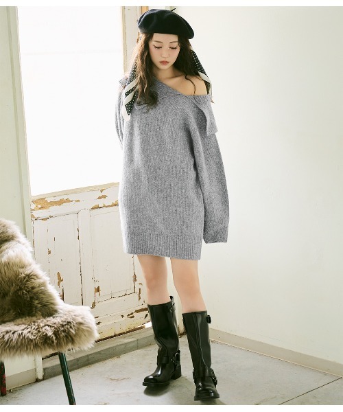 PEACH JOHN（ピーチジョン）の「ラペルルーズニットワンピース（ワンピース・レディース・モカ/グレー・ONE SIZE）」の4枚目の写真