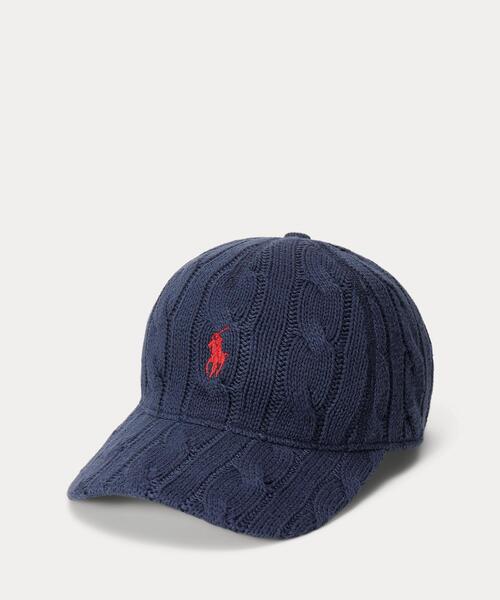 POLO ケーブルニットキャップ 青　ラルフローレン ケーブルニット コットン ボール キャップ（キャップ）｜POLO RALPH