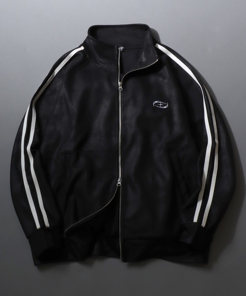 セール】Fake Leather Track Jacket/オーバーサイズ フェイクレザー