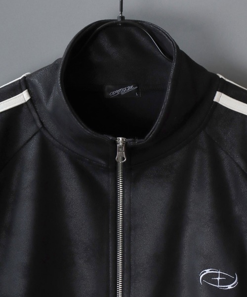 SITRY（シトリー）の「Fake Leather Track Jacket/オーバーサイズ フェイクレザー サイドライン スター フラワー ワンポイント刺繍 ダブルジップ トラックジャケット ジャージ（ジャージ・メンズ・ブラック系その他/ブラック・L/M）」の8枚目の写真