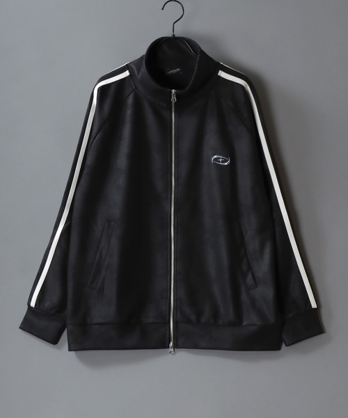 SITRY（シトリー）の「Fake Leather Track Jacket/オーバーサイズ フェイクレザー サイドライン スター フラワー ワンポイント刺繍 ダブルジップ トラックジャケット ジャージ（ジャージ・メンズ・ブラック系その他/ブラック・L/M）」の3枚目の写真