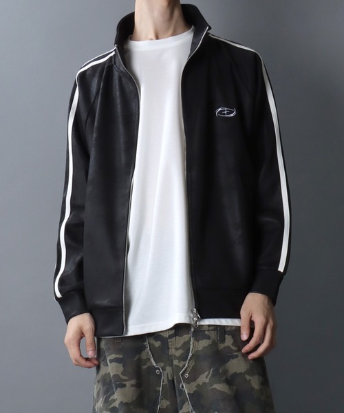 SITRY（シトリー）の「Fake Leather Track Jacket/オーバーサイズ フェイクレザー サイドライン スター フラワー ワンポイント刺繍 ダブルジップ トラックジャケット ジャージ（ジャージ・メンズ・ブラック系その他/ブラック・L/M）」の18枚目の写真