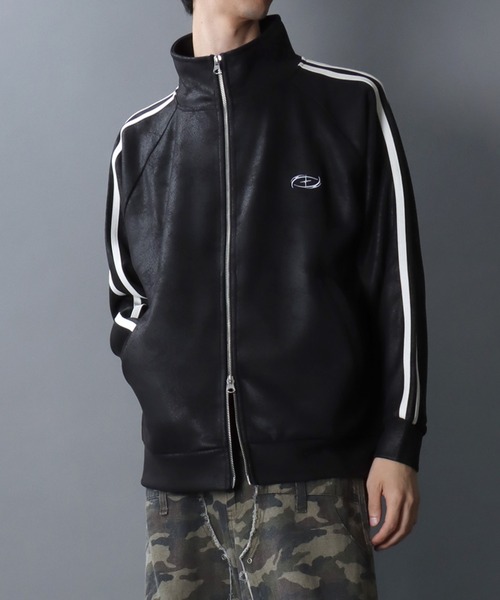 セール】Fake Leather Track Jacket/オーバーサイズ フェイクレザー