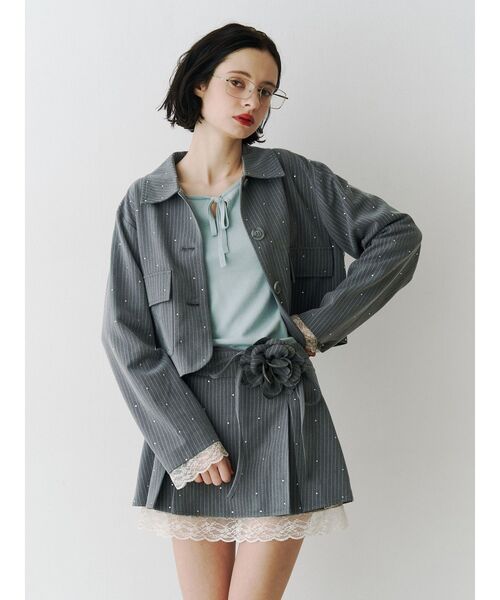 ステンカラーラインストーンショートジャケット【セットアップ対応