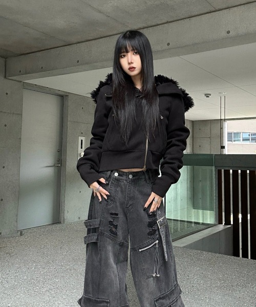 KsG（ケーエスジー）の「フェイクファージップアップジャケット（テーラードジャケット・レディース・ブラック/グレー・X-LARGE/MEDIUM/LARGE）」の3枚目の写真