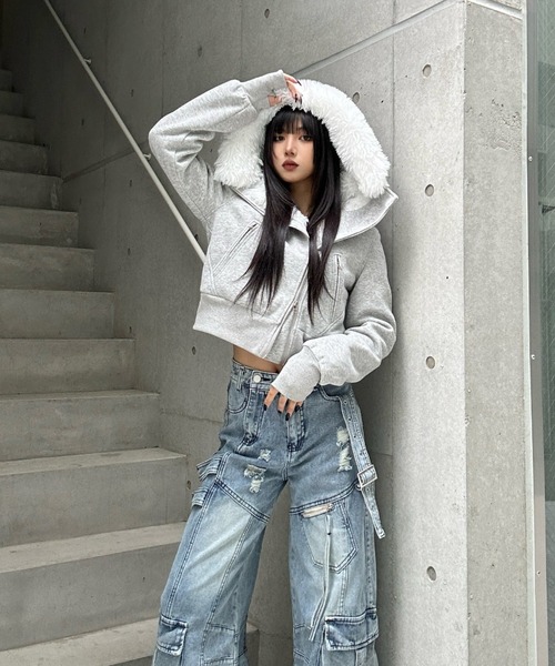 KsG（ケーエスジー）の「フェイクファージップアップジャケット（テーラードジャケット・レディース・ブラック/グレー・X-LARGE/MEDIUM/LARGE）」の8枚目の写真
