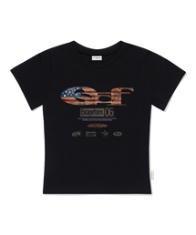 ヴィンテージフラッグ ESCFロゴコラージュプリントスリムフィット半袖Tシャツブラック