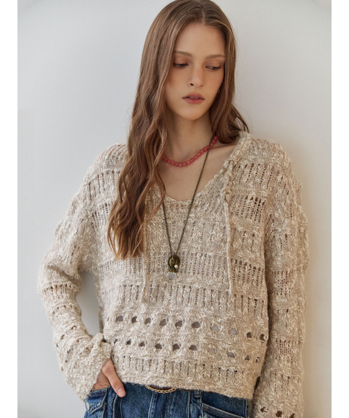 MAXZA（マージャコレクション）の「パールミックスVネックボカシクロシェクロップニット（ニット/セーター・レディース・ベージュ・FREE）」の2枚目の写真