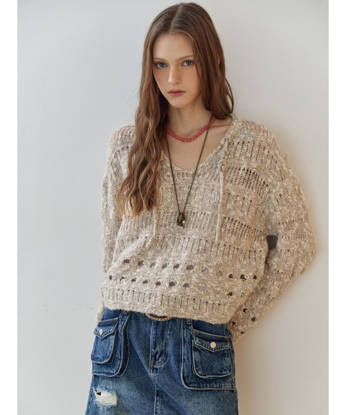 MAXZA（マージャコレクション）の「パールミックスVネックボカシクロシェクロップニット（ニット/セーター・レディース・ベージュ・FREE）」の3枚目の写真