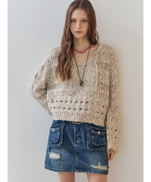 MAXZA（マージャコレクション）の「パールミックスVネックボカシクロシェクロップニット（ニット/セーター・レディース・ベージュ・FREE）」の4枚目の写真