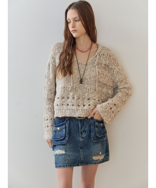 MAXZA（マージャコレクション）の「パールミックスVネックボカシクロシェクロップニット（ニット/セーター・レディース・ベージュ・FREE）」の5枚目の写真