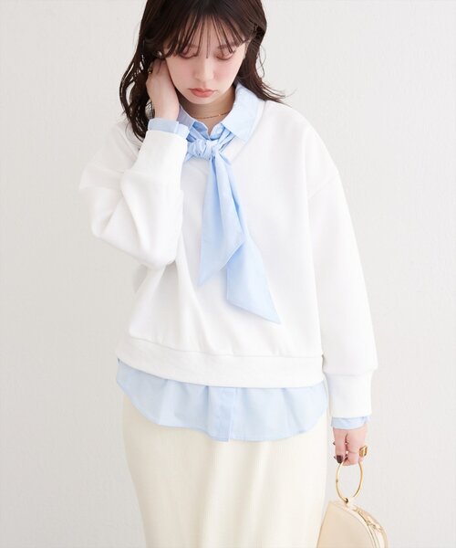 natural couture（ナチュラルクチュール）の「ボウタイ付きシャツレイヤードプルオーバー（スウェット・レディース・オフホワイト/グレー/ネイビー・FREE）」の5枚目の写真