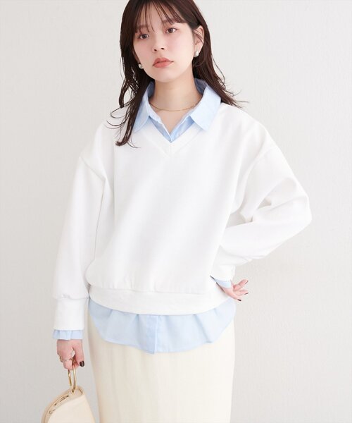 natural couture（ナチュラルクチュール）の「ボウタイ付きシャツレイヤードプルオーバー（スウェット・レディース・オフホワイト/グレー/ネイビー・FREE）」の8枚目の写真