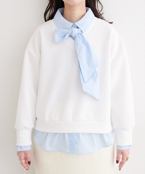 natural couture（ナチュラルクチュール）の「ボウタイ付きシャツレイヤードプルオーバー（スウェット・レディース・オフホワイト/グレー/ネイビー・FREE）」の11枚目の写真
