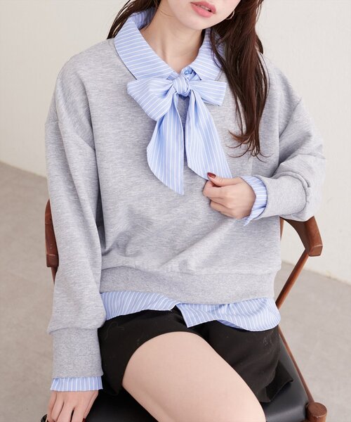 natural couture（ナチュラルクチュール）の「ボウタイ付きシャツレイヤードプルオーバー（スウェット・レディース・オフホワイト/グレー/ネイビー・FREE）」の19枚目の写真