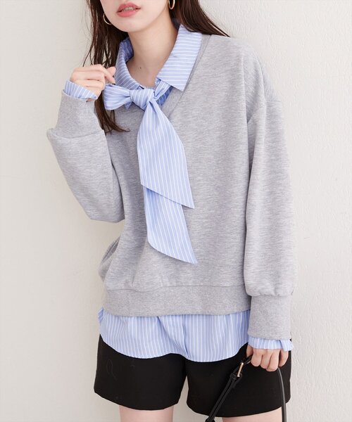 natural couture（ナチュラルクチュール）の「ボウタイ付きシャツレイヤードプルオーバー（スウェット・レディース・オフホワイト/グレー/ネイビー・FREE）」の20枚目の写真