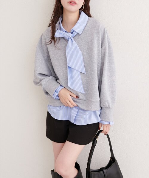 natural couture（ナチュラルクチュール）の「ボウタイ付きシャツレイヤードプルオーバー（スウェット・レディース・オフホワイト/グレー/ネイビー・FREE）」の21枚目の写真