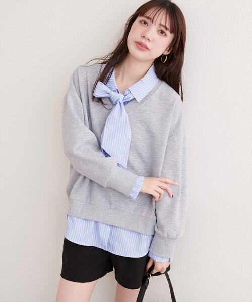 natural couture（ナチュラルクチュール）の「ボウタイ付きシャツレイヤードプルオーバー（スウェット・レディース・オフホワイト/グレー/ネイビー・FREE）」の22枚目の写真