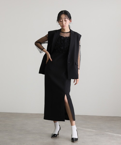 袖あり&ロングタイト同窓会成人式フラワーモチーフシアージレ2点セット