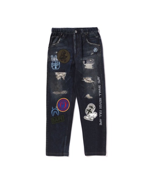 A BATHING APE(アベイシングエイプ)の「BAPE EMBLEM DENIM PRINT SWEAT PANTS(スウェットパンツ・キッズ・ネイビー・150/160)」の1枚目の写真